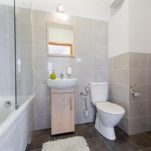 small bright bathroom with shower and toilet