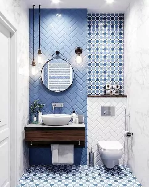 bathroom with blue and white tiling